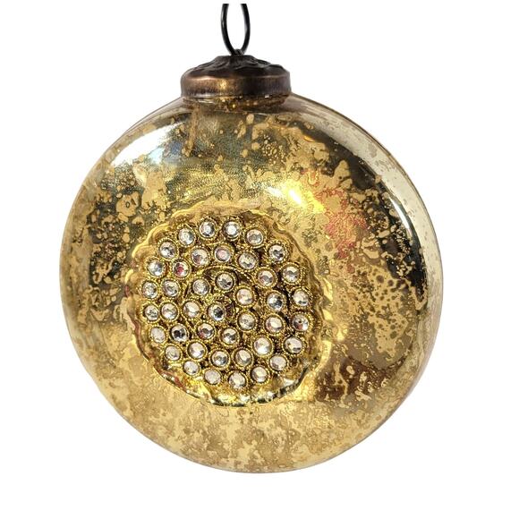Vintage Gold Glass Christmas Ornament with Rhinestone Accents - Picture 1 of 12